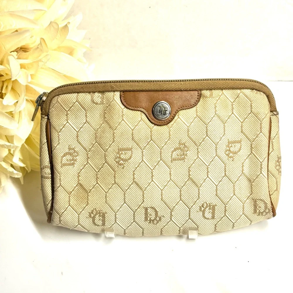 Authentic 1990s CHRISTIAN DIOR Brown Honeycomb Clutch Pouch Cosmetics Bag France